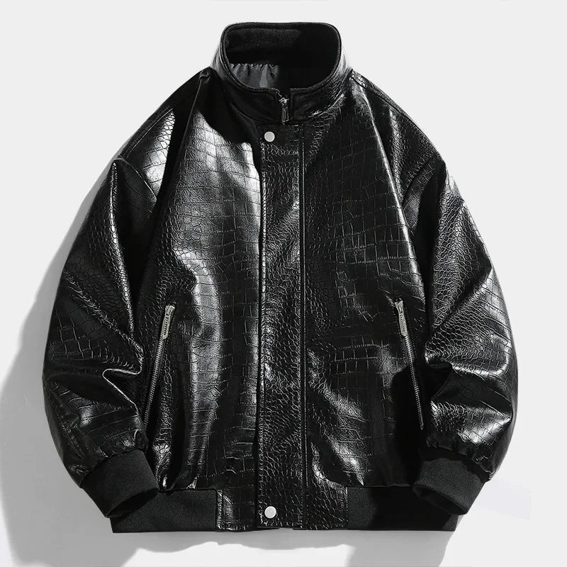 Retro Croc Pattern Leather Coat