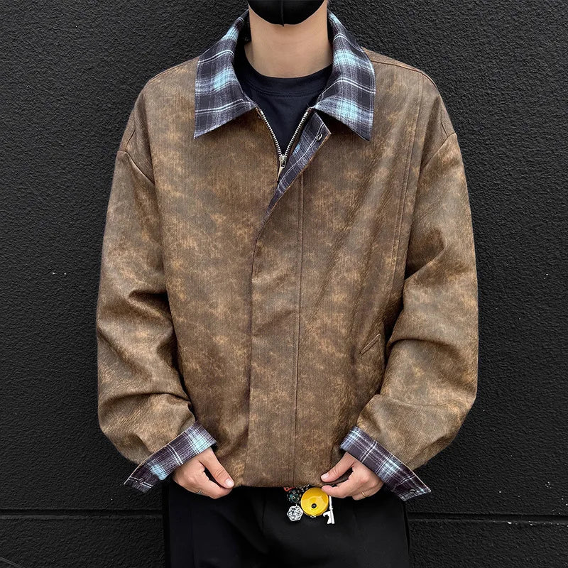 Korean Style Plaid Denim-Leather Jacket with Fur – Loose Fit