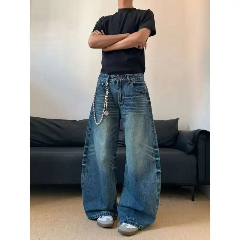 Washed 3D Jeans – American Loose Wide-Leg Style