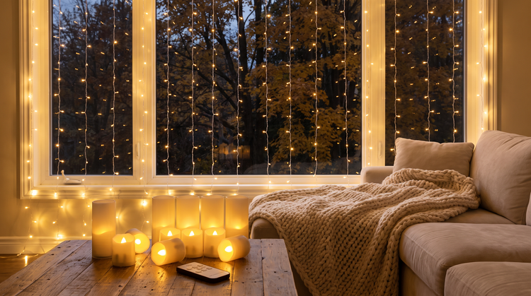 Curtain lights and flameless candles in an autumn living room (styled photo)