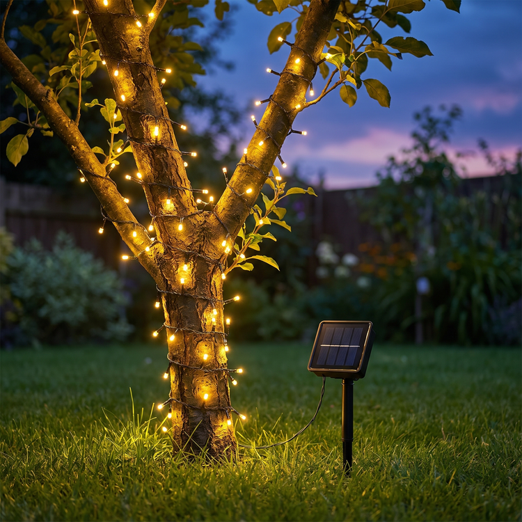 Solar fairy lights on a backyard tree