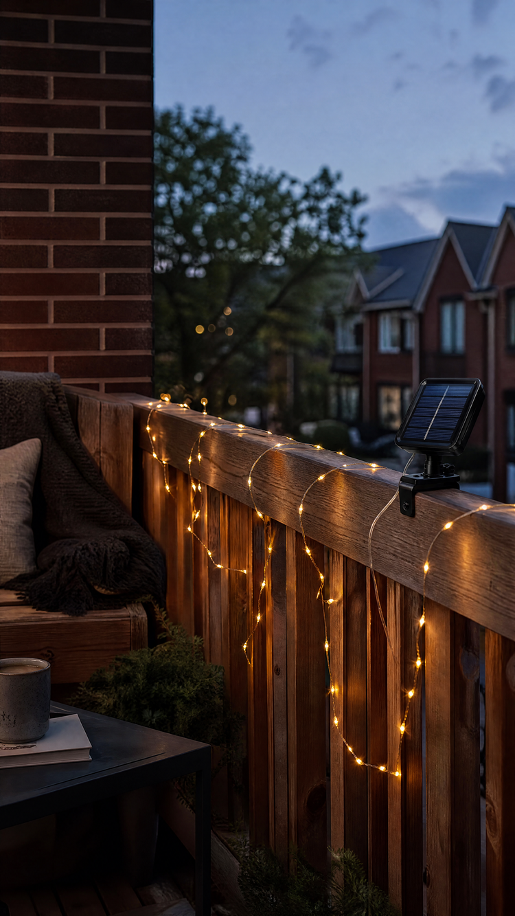 AI-generated 4K styling visualization of warm solar-style balcony lights; illustrative inspiration, not a photo of the product or installation