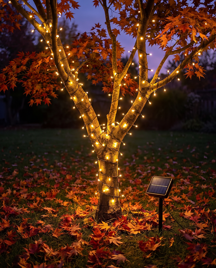 Styling visualization: solar fairy lights on a maple tree at dusk