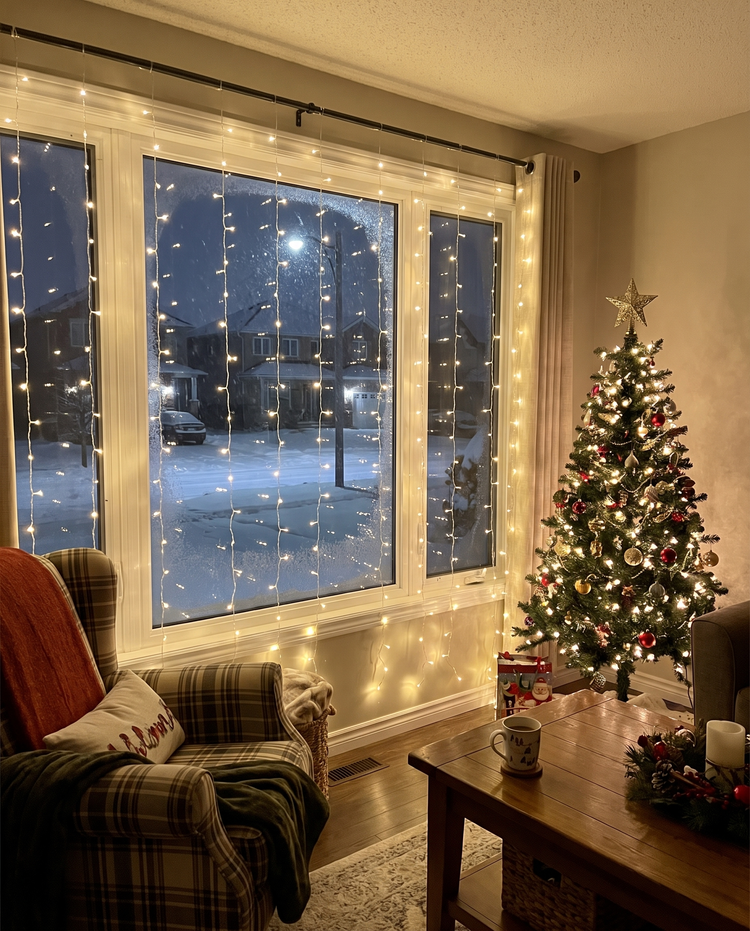 Styling visualization: curtain lights in a winter window