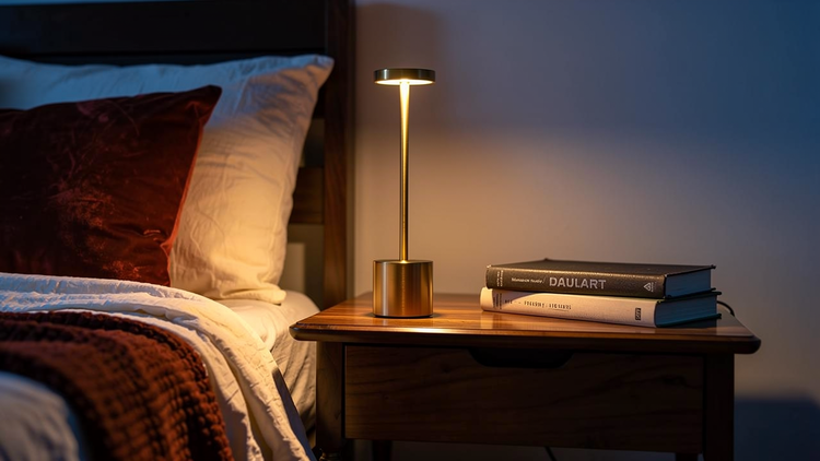 Gold cordless table lamp styled on a bedside table at blue hour; a room mood scene, not a depiction of every collection item.