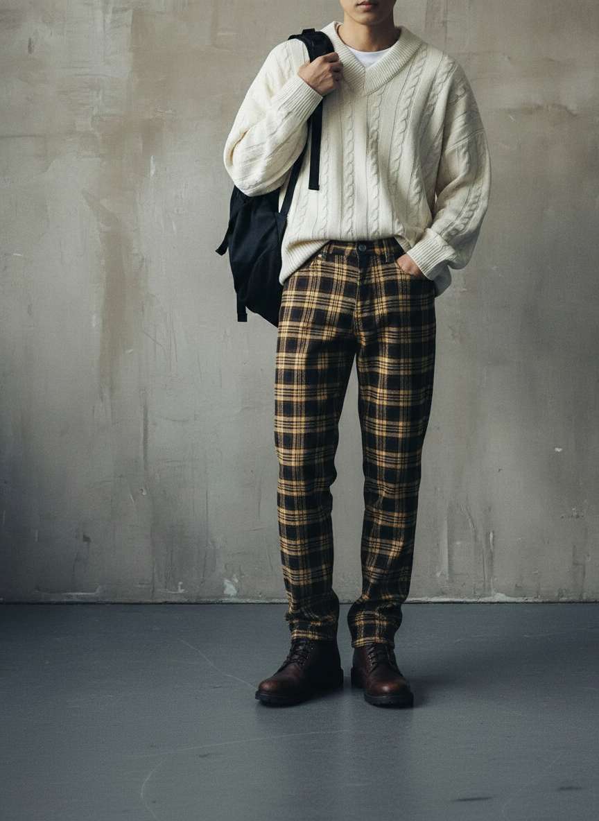 High-End Loose Fit Checkered Trousers