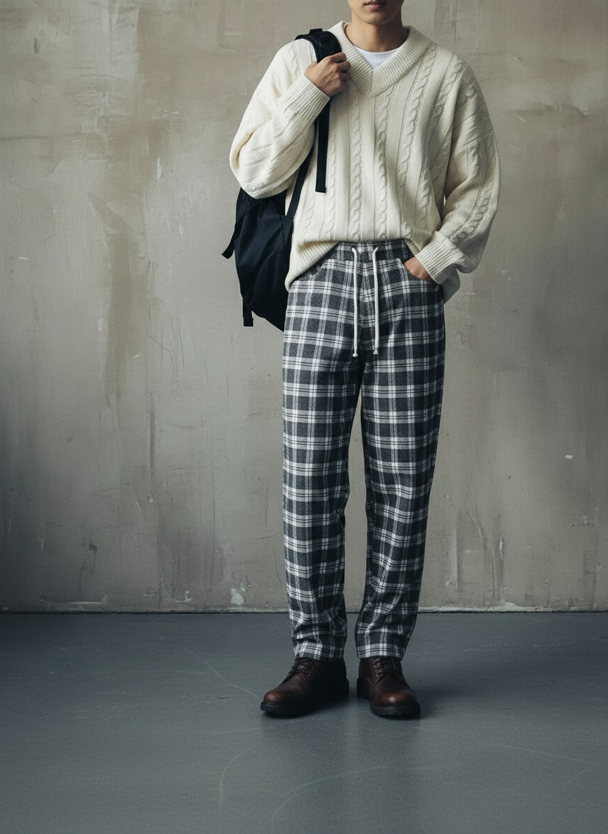 High-End Loose Fit Checkered Trousers