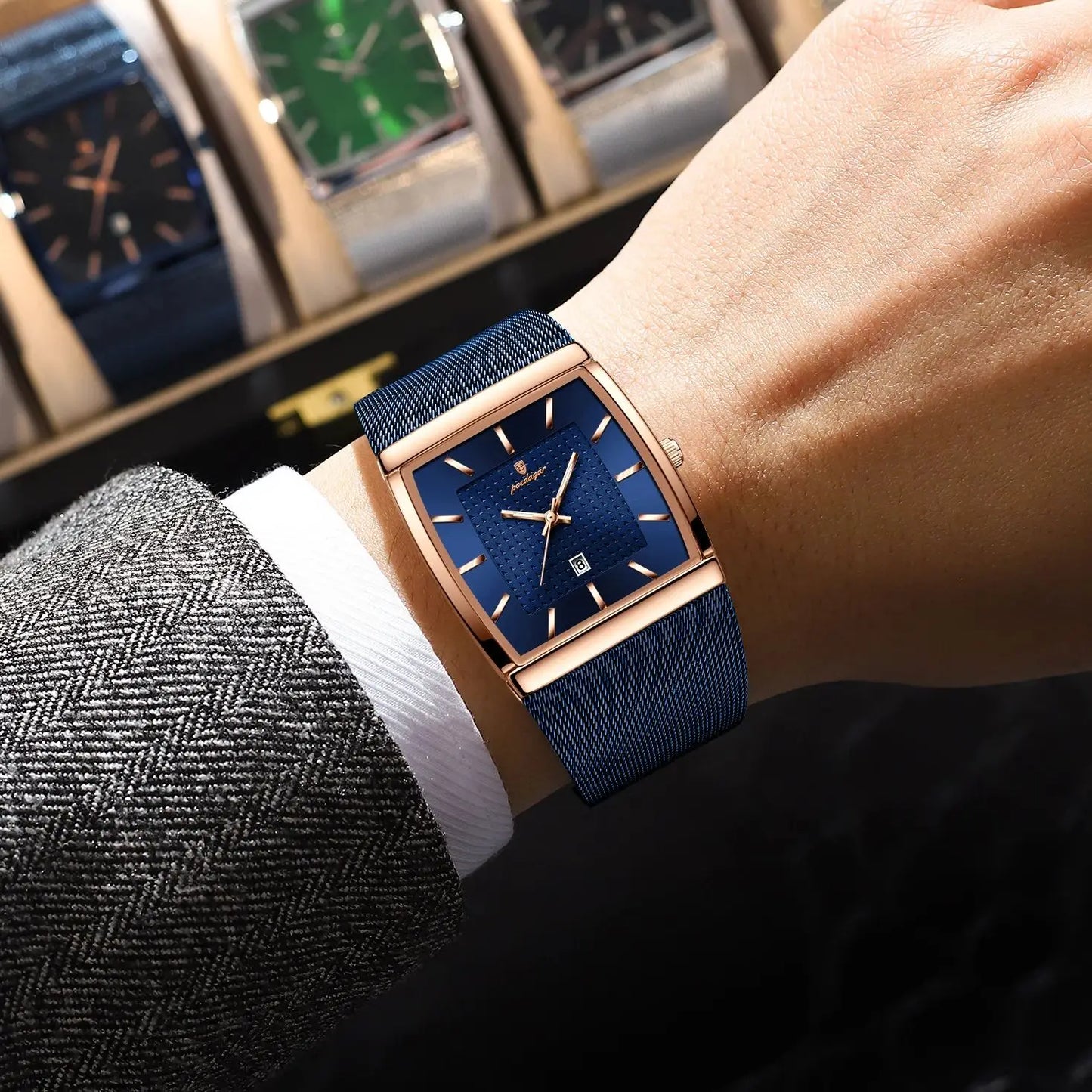 Luminous Date Rectangle Man Wristwatch Mesh Stainless Steel