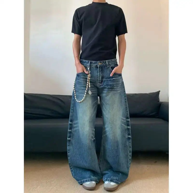 Washed 3D Jeans – American Loose Wide-Leg Style