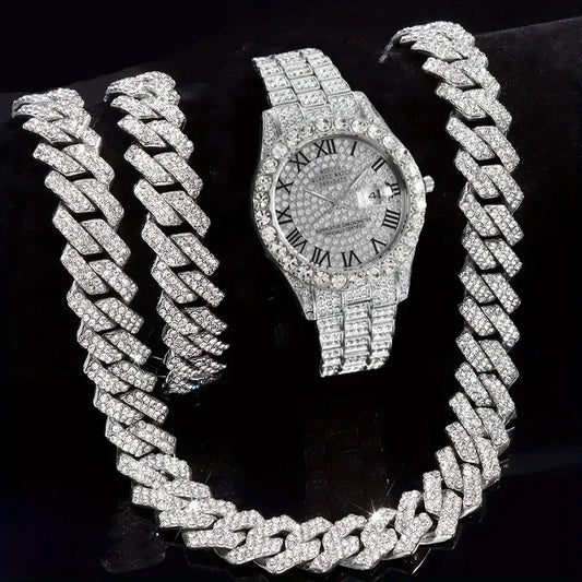 3-Piece Iced Out Cuban Chain Jewelry Set