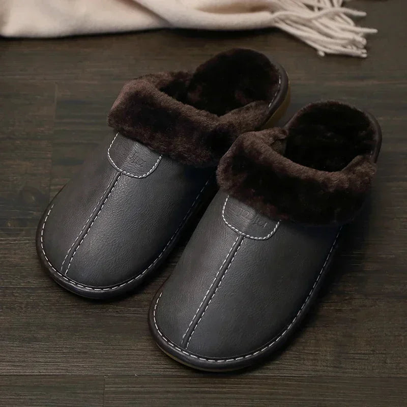 Velvet-Lined Leather House Slippers