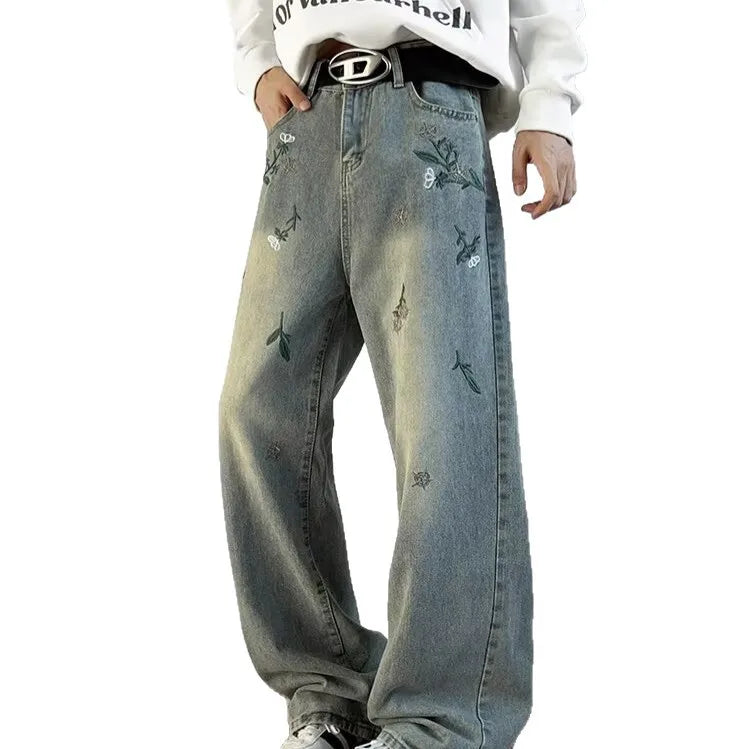 Embroidered Straight-Leg Jeans – Trendy High Street Style