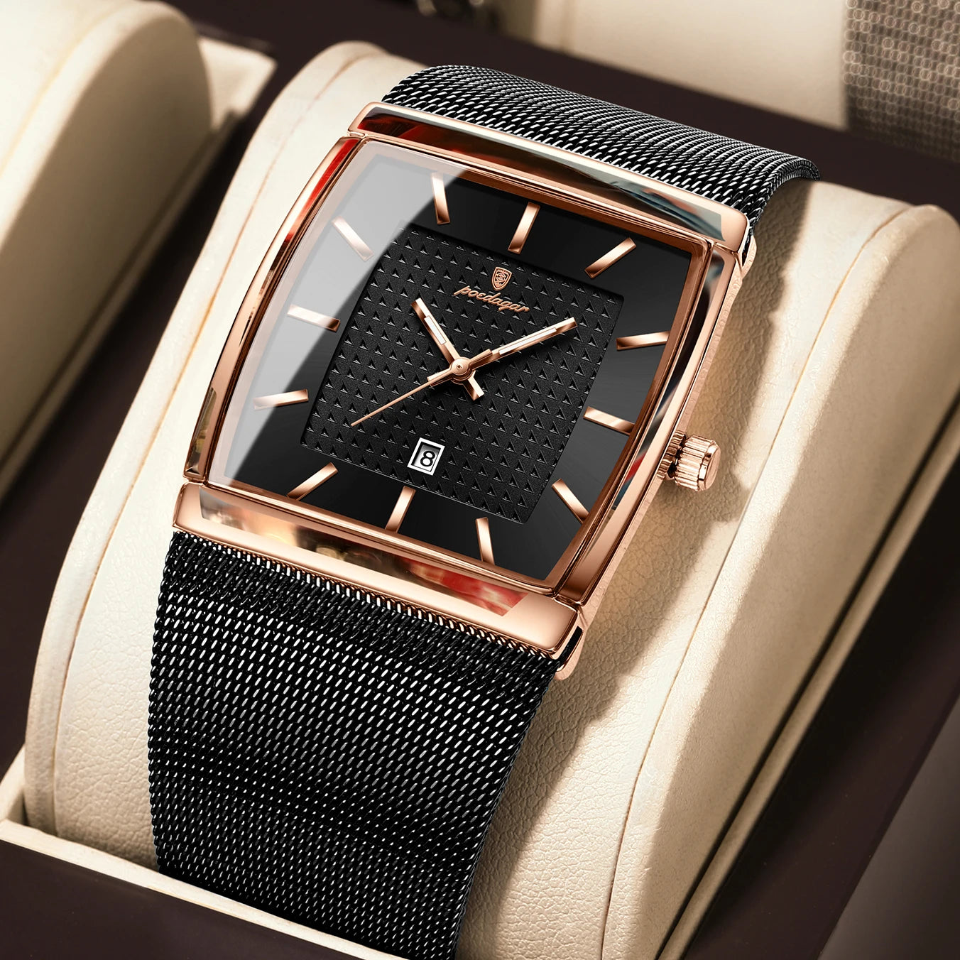 Luminous Date Rectangle Man Wristwatch Mesh Stainless Steel