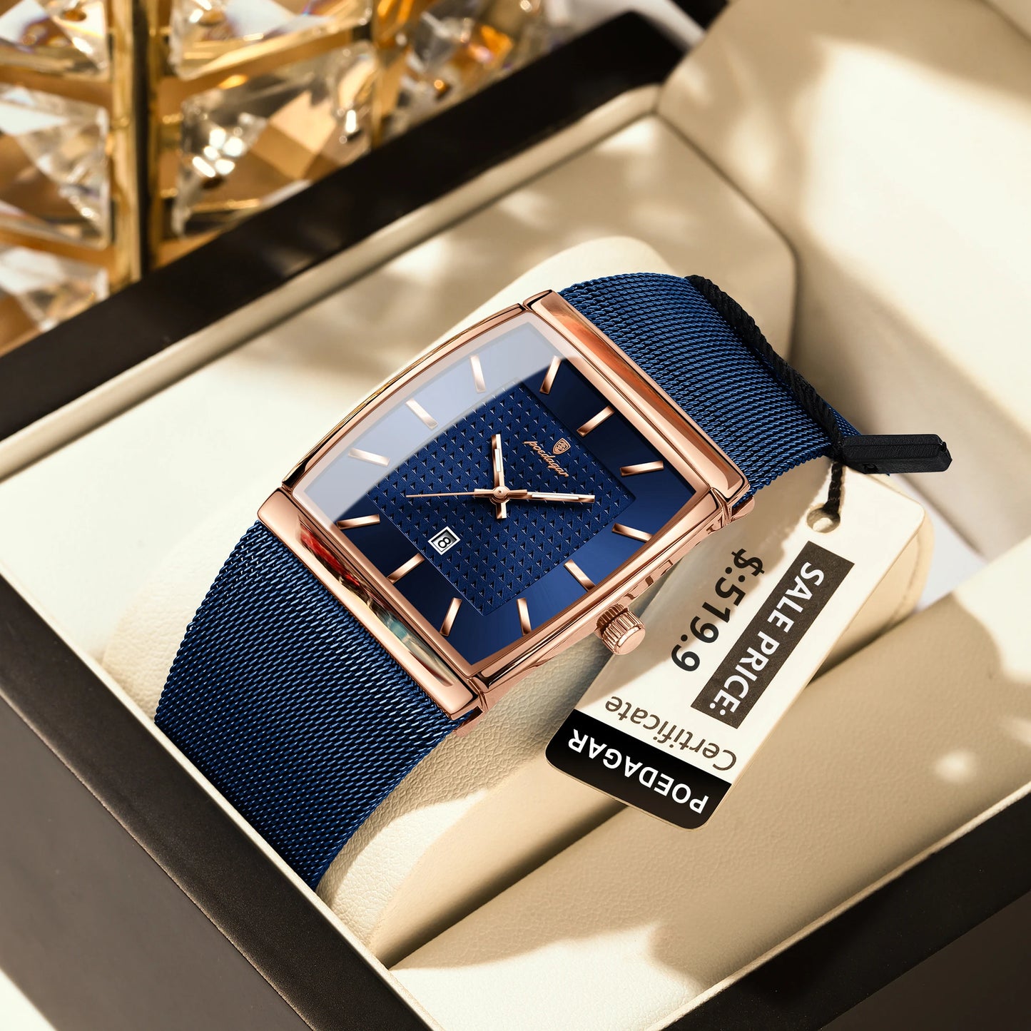 Luminous Date Rectangle Man Wristwatch Mesh Stainless Steel