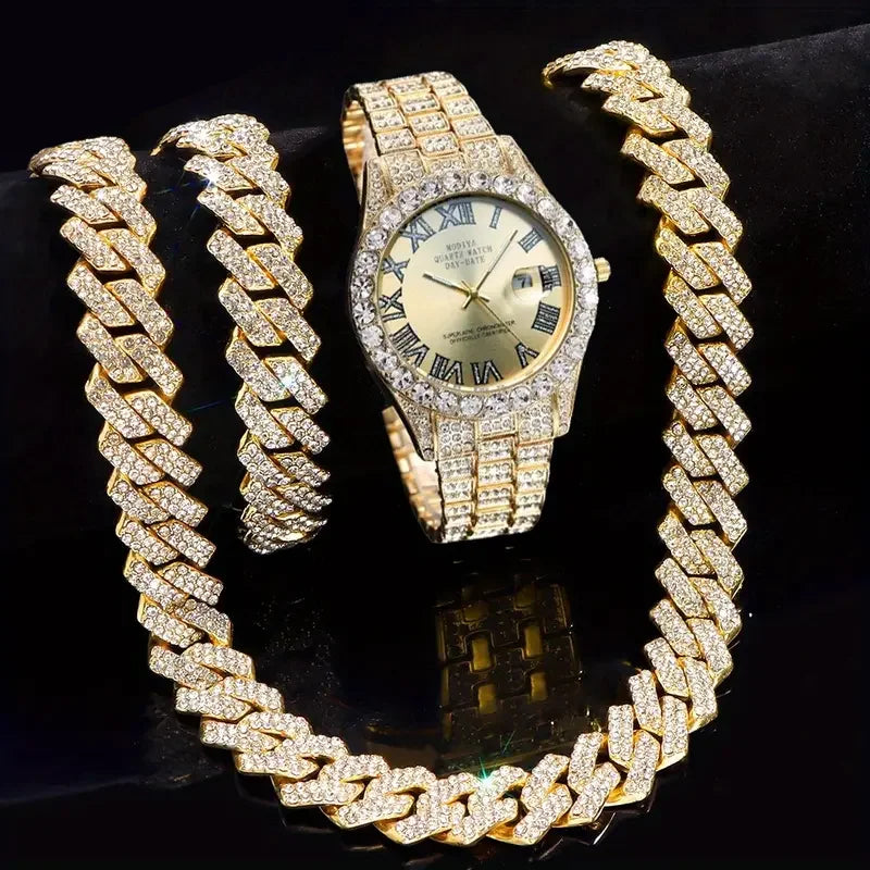 3-Piece Iced Out Cuban Chain Jewelry Set