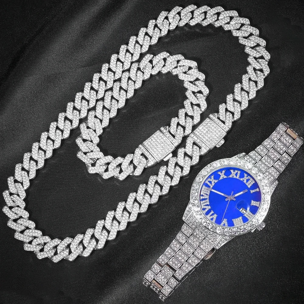 3-piece iced out Cuban link jewelry set