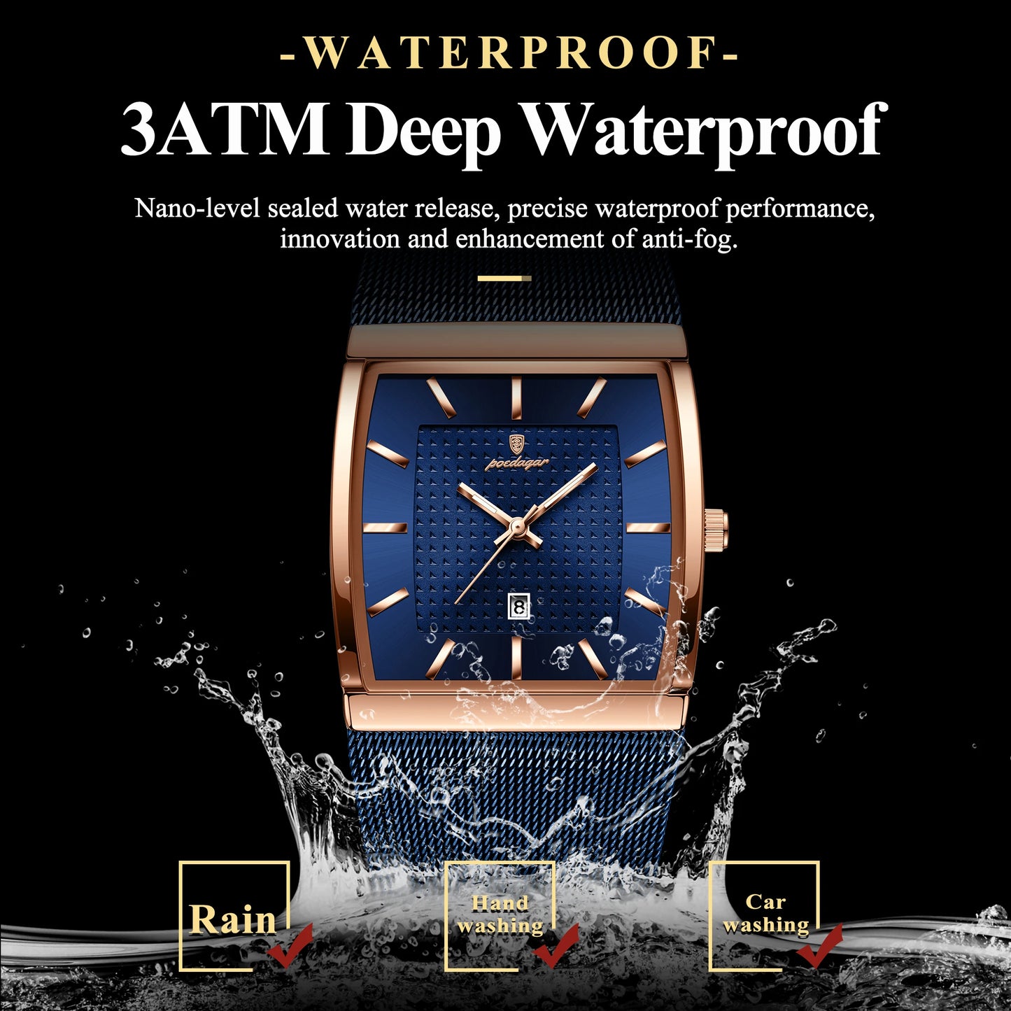 Luminous Date Rectangle Man Wristwatch Mesh Stainless Steel