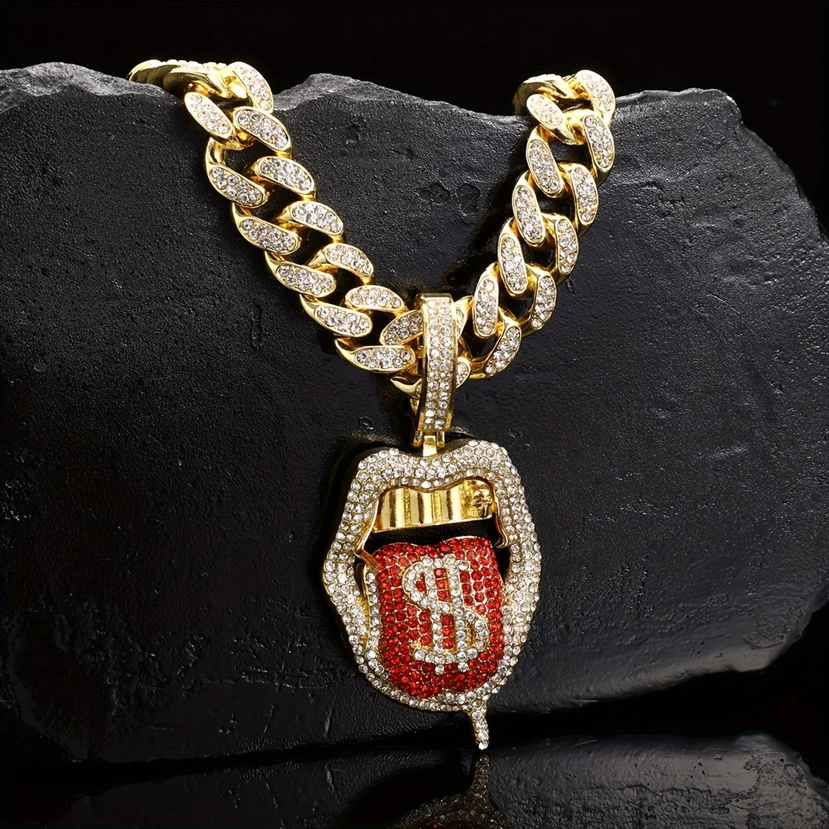 Iced Out Red Dollar Tongue Pendant