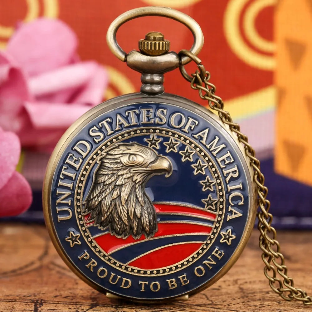 Vintage Bronze Patriotic Eagle & American Flag Pocket Watch