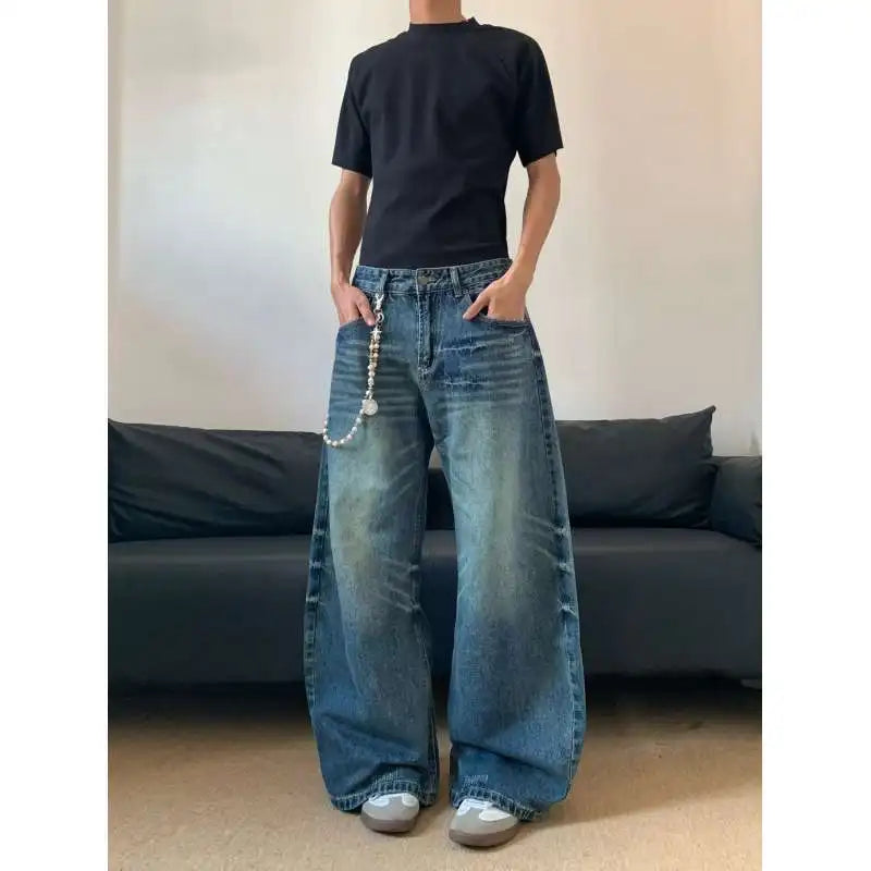 Washed 3D Jeans – American Loose Wide-Leg Style