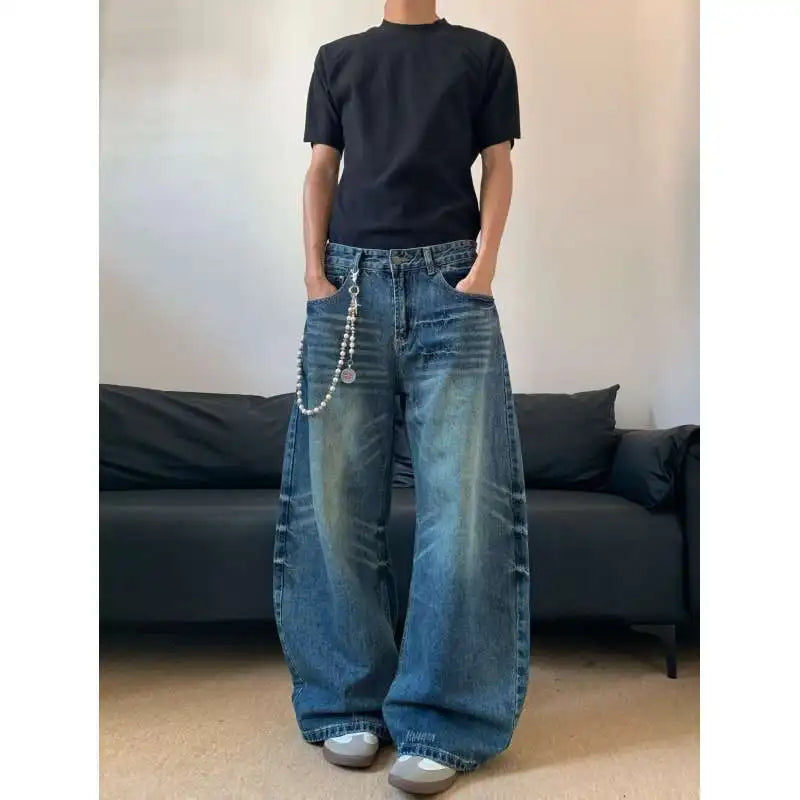 Washed 3D Jeans – American Loose Wide-Leg Style