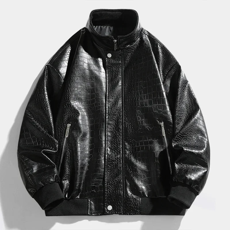 Retro Croc Pattern Leather Coat