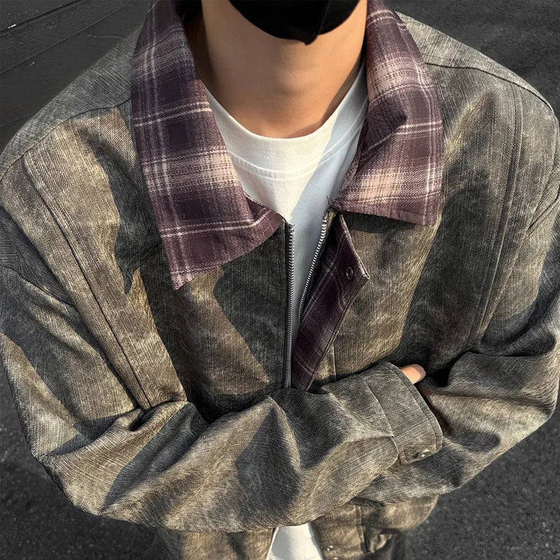 Korean Style Plaid Denim-Leather Jacket with Fur – Loose Fit