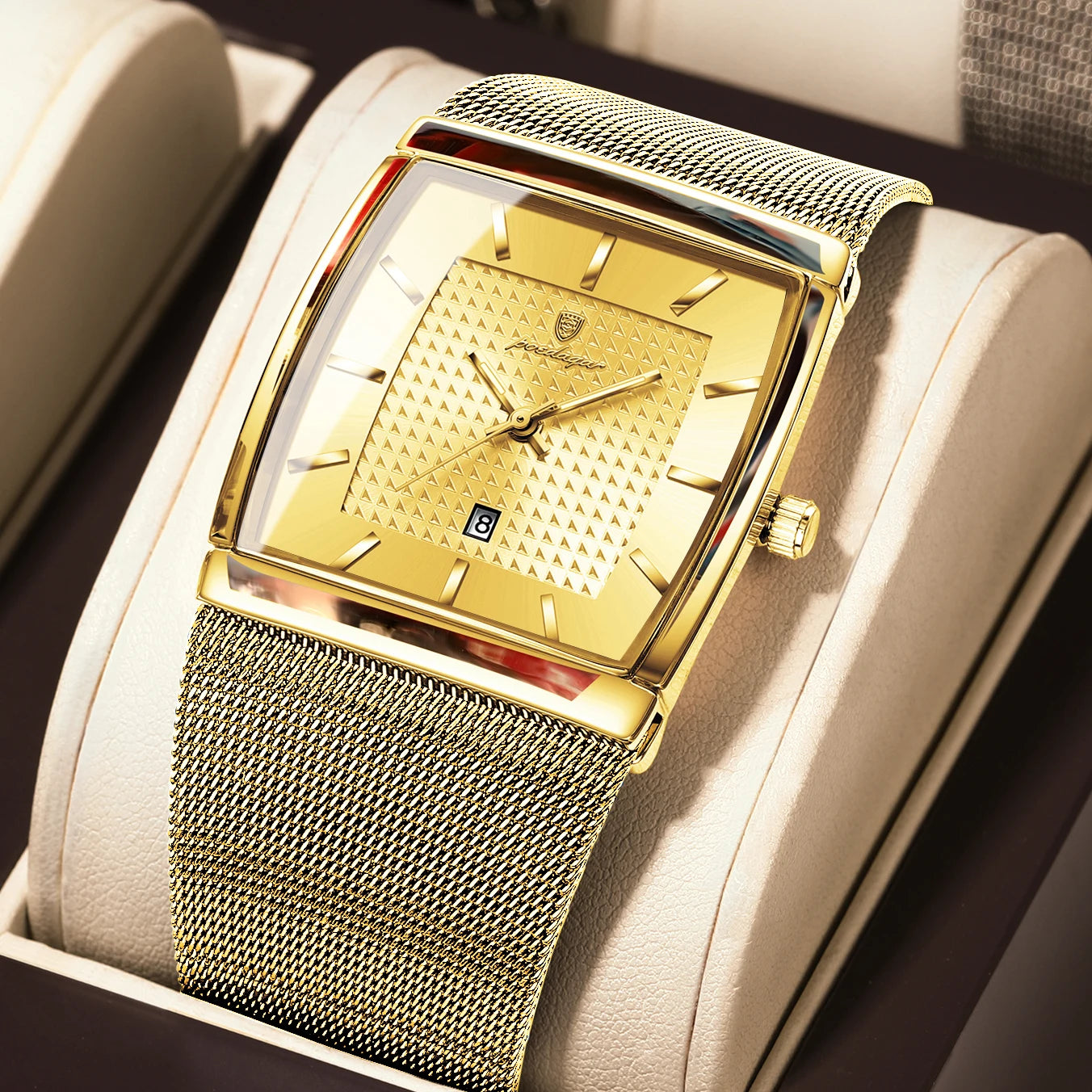 Luminous Date Rectangle Man Wristwatch Mesh Stainless Steel