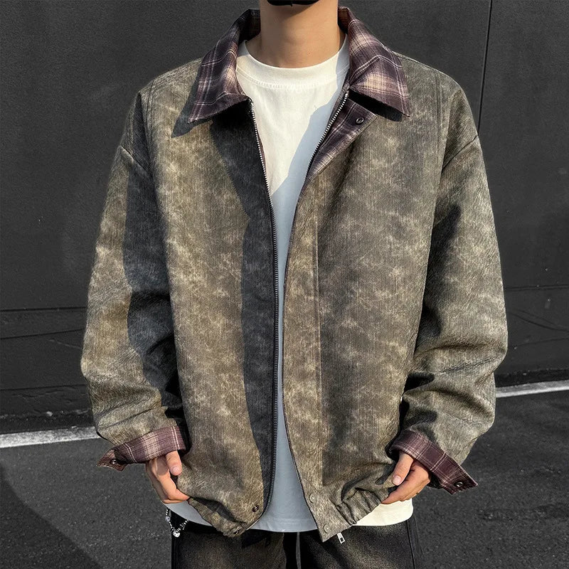 Korean Style Plaid Denim-Leather Jacket with Fur – Loose Fit