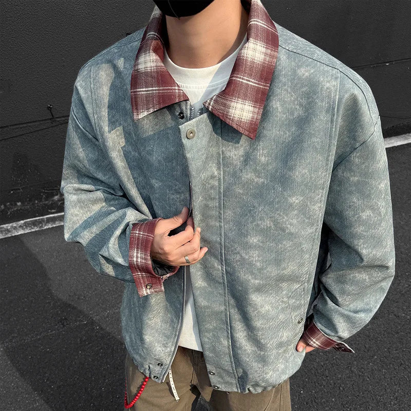 Korean Style Plaid Denim-Leather Jacket with Fur – Loose Fit