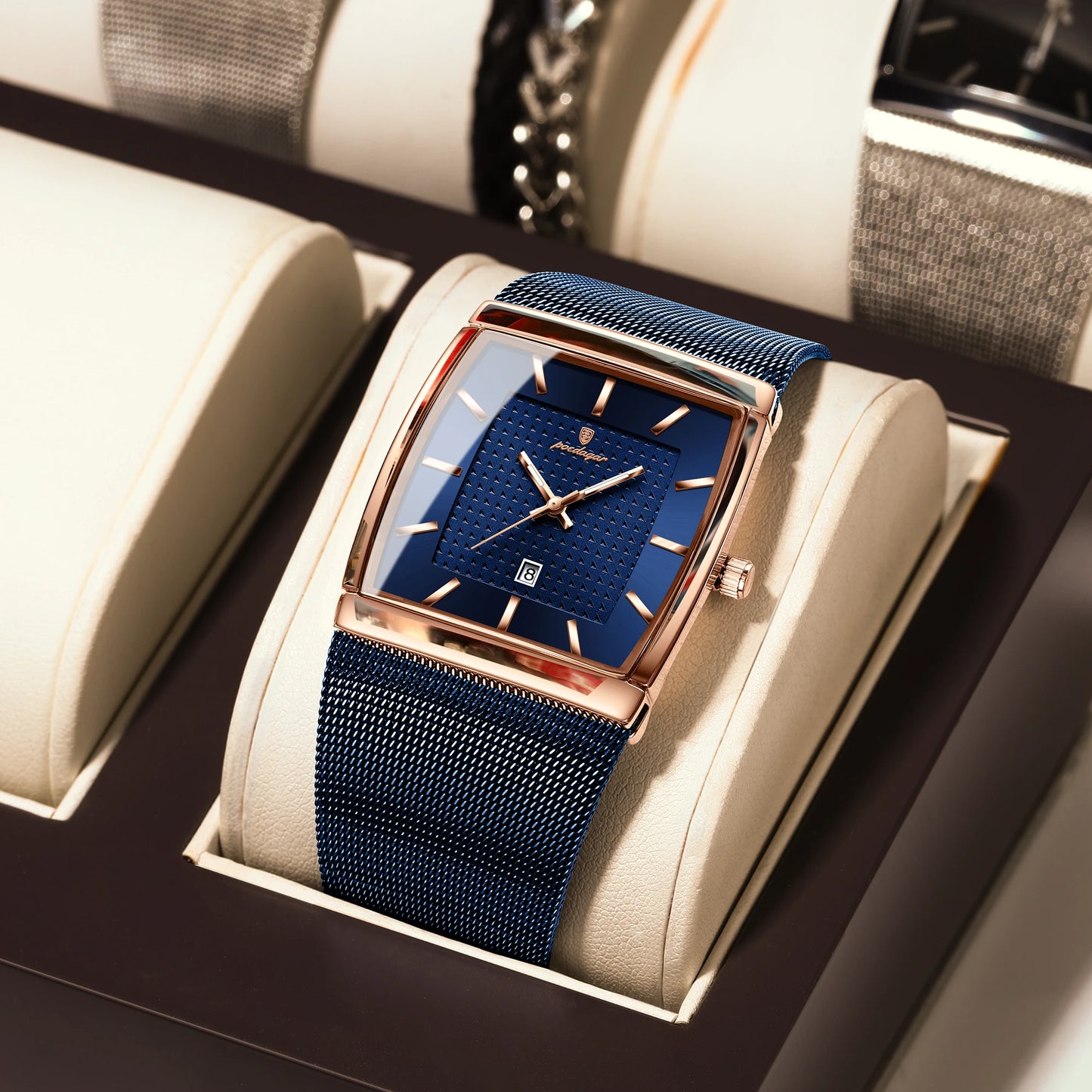 Luminous Date Rectangle Man Wristwatch Mesh Stainless Steel