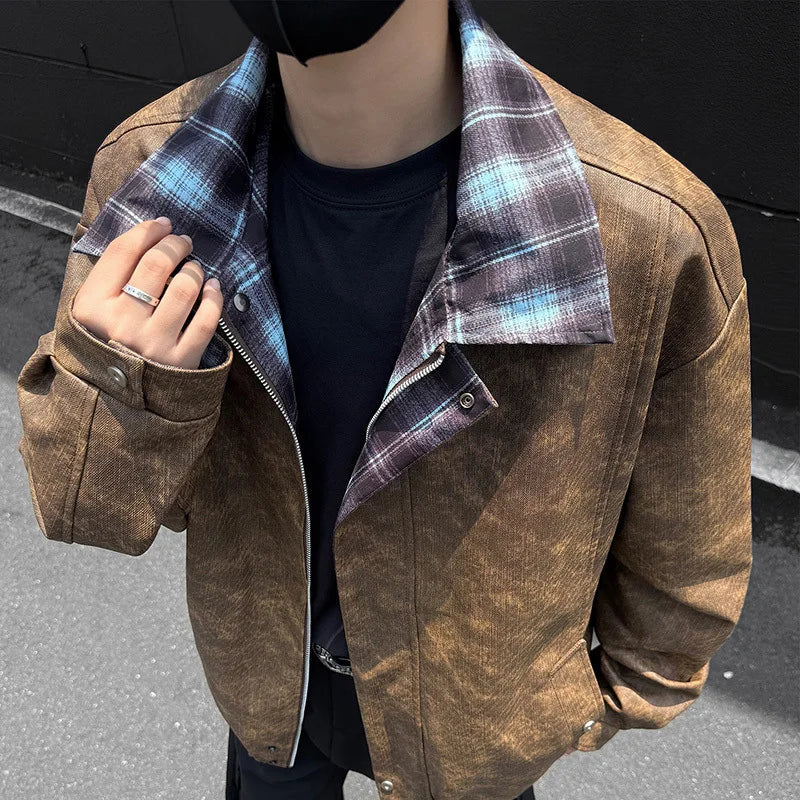 Korean Style Plaid Denim-Leather Jacket with Fur – Loose Fit