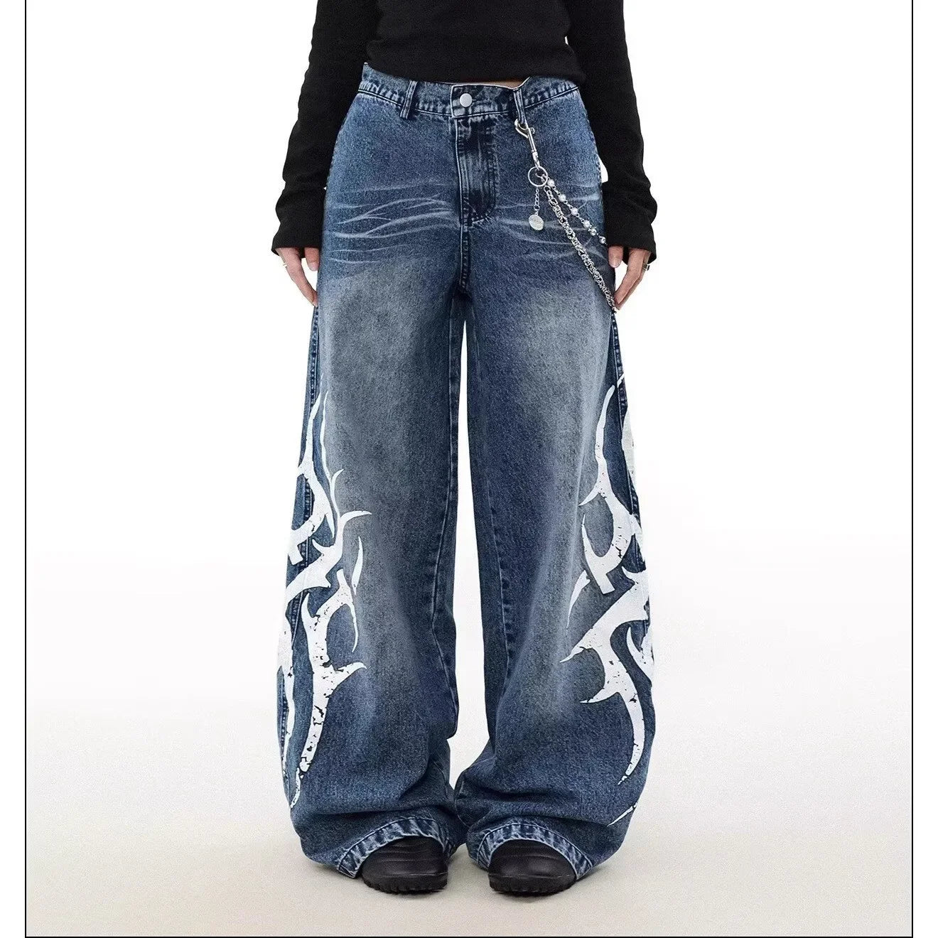 Large Print Denim Jeans – Retro American Wide-Leg Style