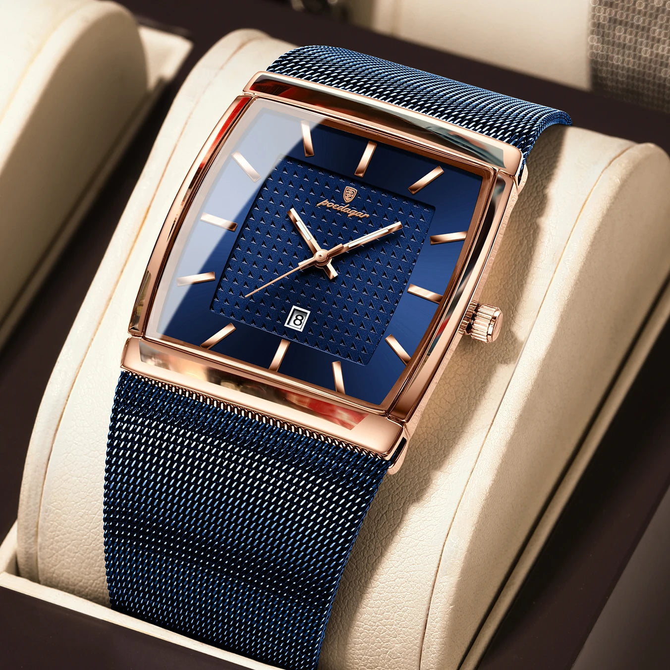 Luminous Date Rectangle Man Wristwatch Mesh Stainless Steel