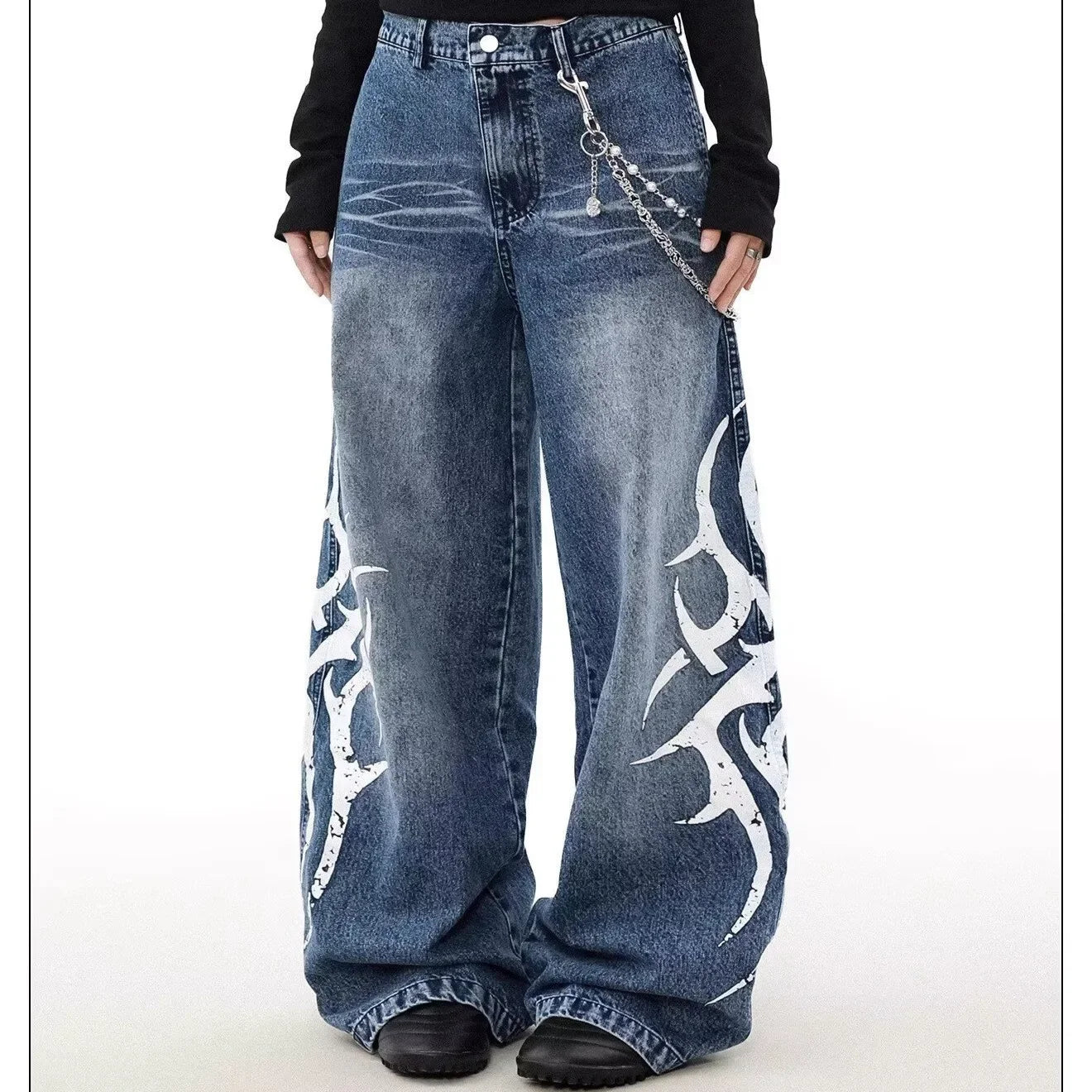 Large Print Denim Jeans – Retro American Wide-Leg Style