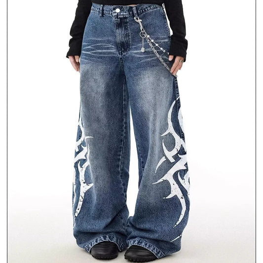 Large Print Denim Jeans – Retro American Wide-Leg Style