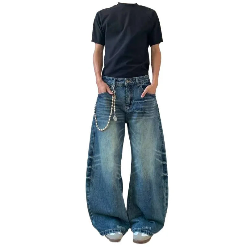 Washed 3D Jeans – American Loose Wide-Leg Style
