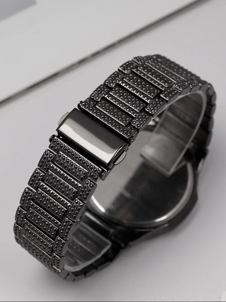 Full Diamond Black Steel Band Quartz Watch