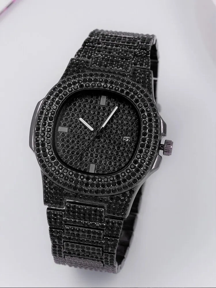 Full Diamond Black Steel Band Quartz Watch