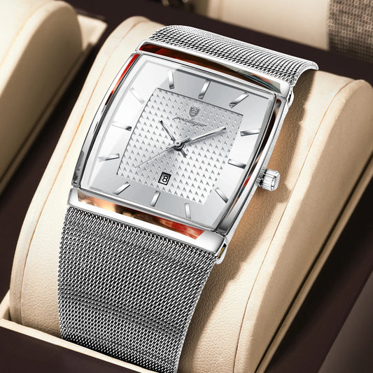 Luminous Date Rectangle Man Wristwatch Mesh Stainless Steel
