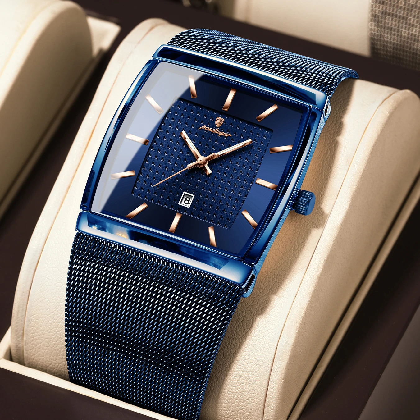 Luminous Date Rectangle Man Wristwatch Mesh Stainless Steel