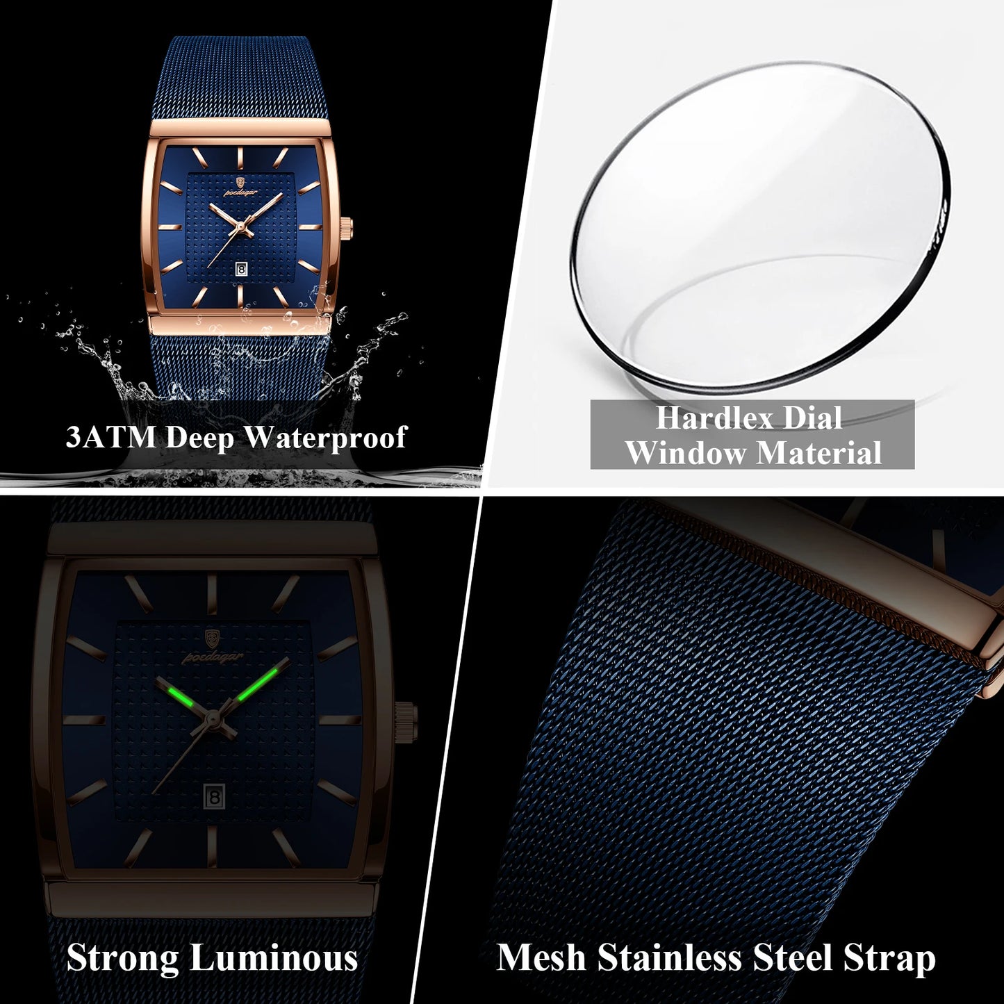 Luminous Date Rectangle Man Wristwatch Mesh Stainless Steel