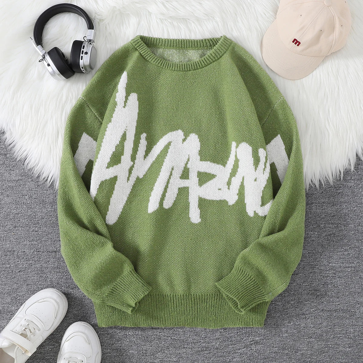 Graffiti Knit Sweater – Contrast Color Street Style