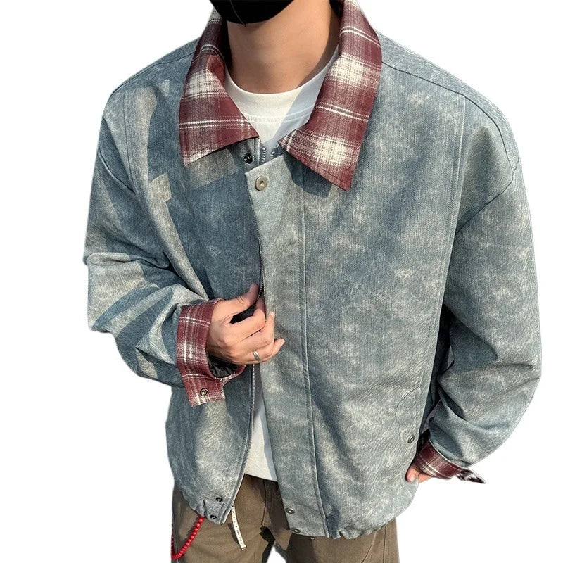 Korean Style Plaid Denim-Leather Jacket with Fur – Loose Fit