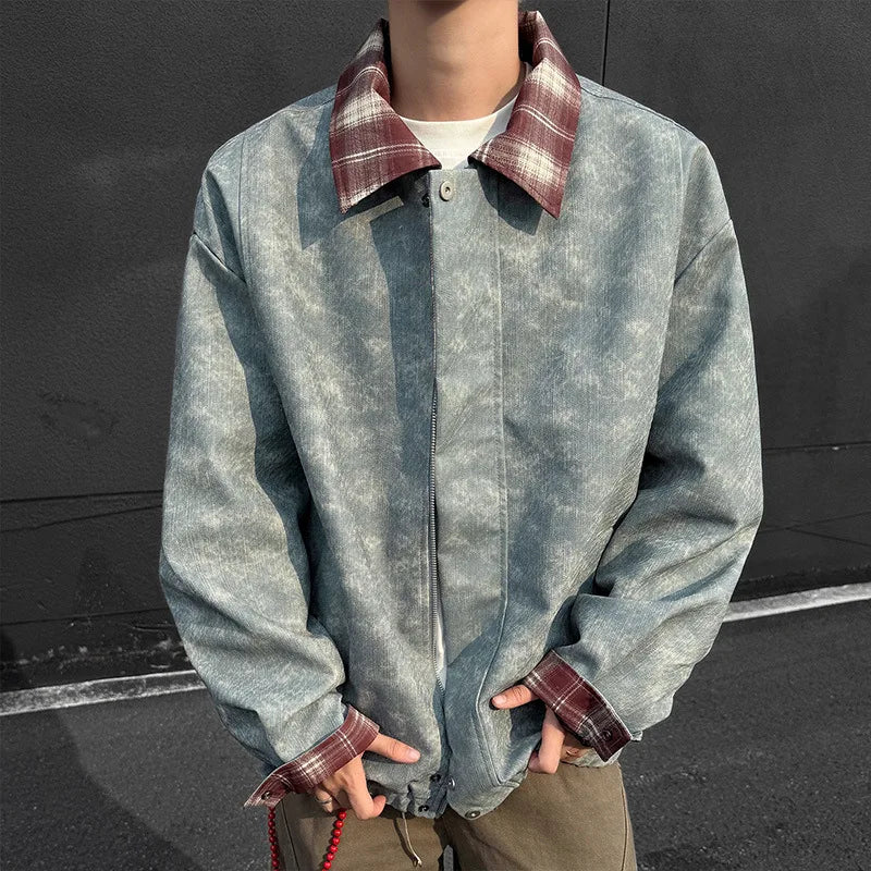 Korean Style Plaid Denim-Leather Jacket with Fur – Loose Fit