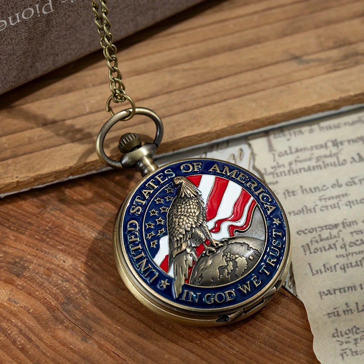 Vintage Bronze Patriotic Eagle & American Flag Pocket Watch
