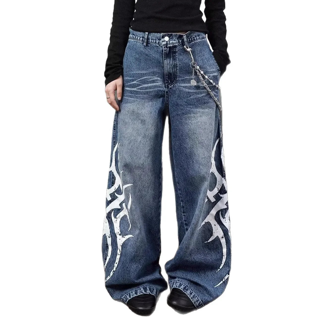 Large Print Denim Jeans – Retro American Wide-Leg Style