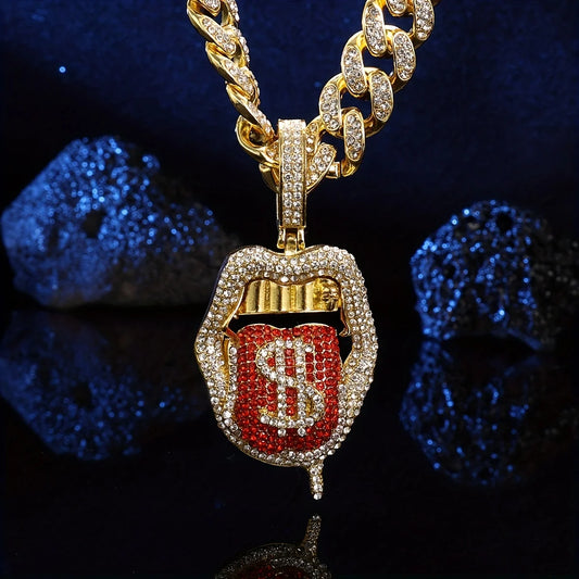 Iced Out Red Dollar Tongue Pendant
