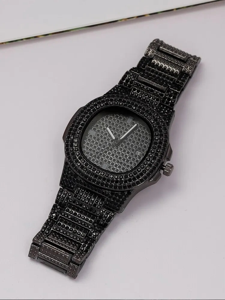 Full Diamond Black Steel Band Quartz Watch