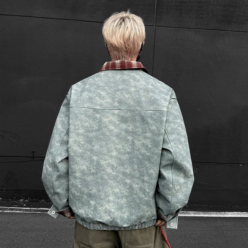 Korean Style Plaid Denim-Leather Jacket with Fur – Loose Fit